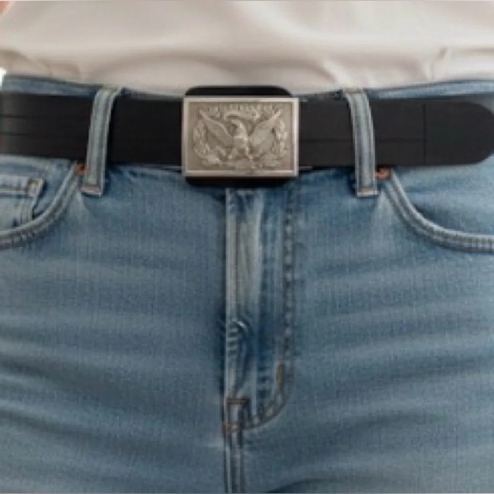 VINTAGE Unisex Silver Engraved Eagle Belt Buckle w/Adjustable Black Leather Belt